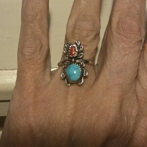 Turquoise and Red Accent Silver Ring